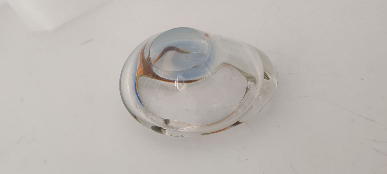 Vintage Murano Freeform Clear Art Glass Bowl with Subtle Amber & Blue Accents – 1960s