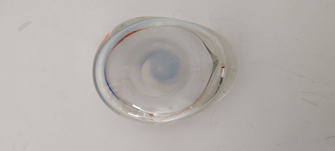 Vintage Murano Freeform Clear Art Glass Bowl with Subtle Amber & Blue Accents – 1960s