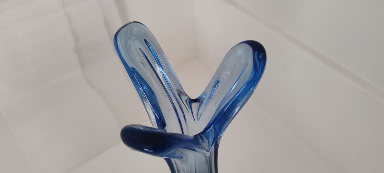 Tall Blue Murano Hand-Blown Vase – Three-Prong Organic Form – 1960s