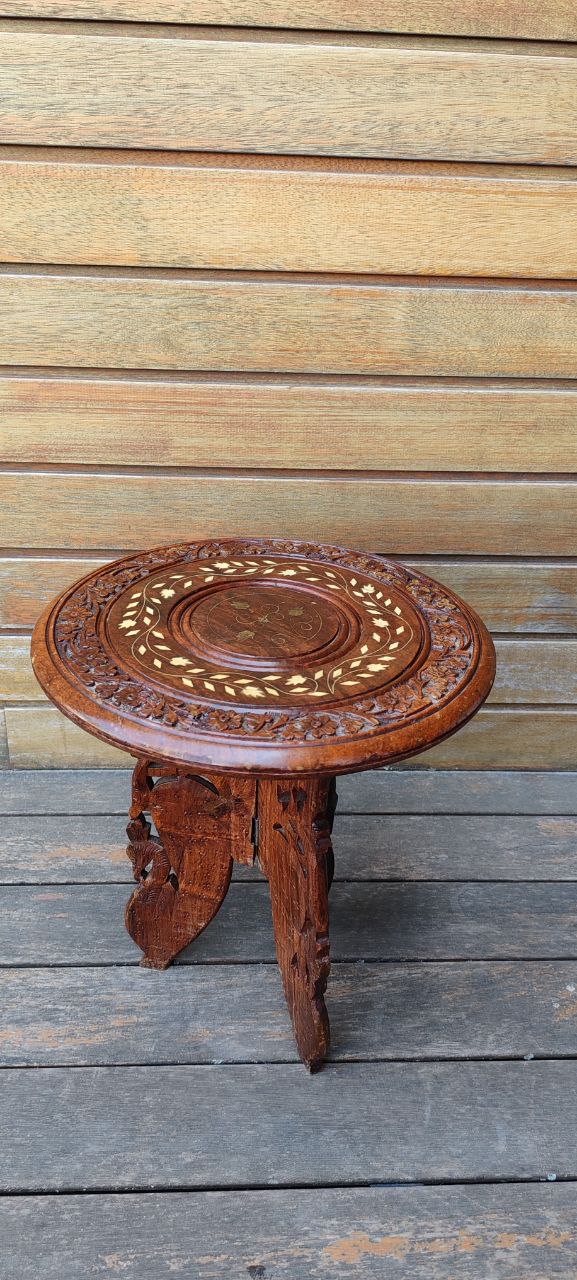 Hand-Carved Folding Wooden Table with Inlay – Indian Craftsmanship