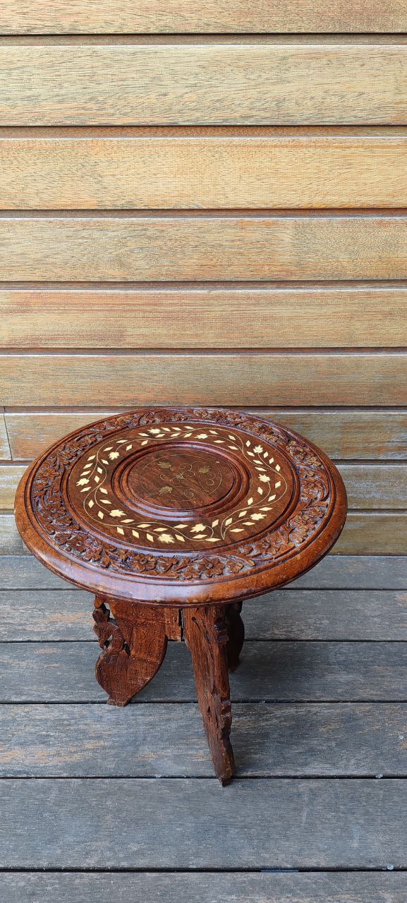 Hand-Carved Folding Wooden Table with Inlay – Indian Craftsmanship