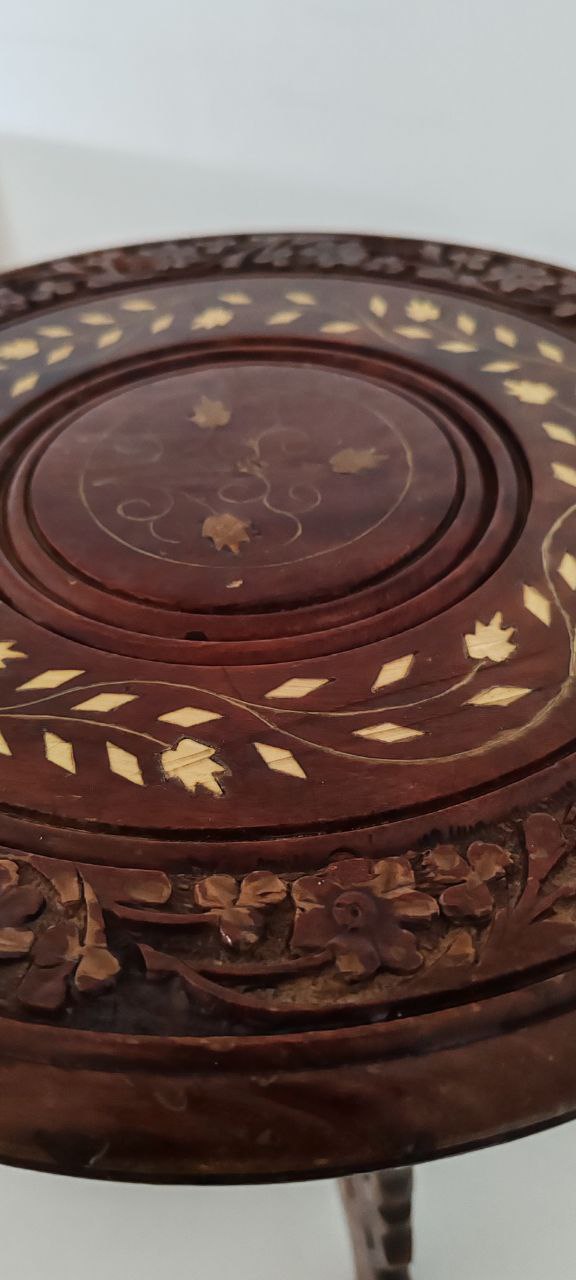 Hand-Carved Folding Wooden Table with Inlay – Indian Craftsmanship