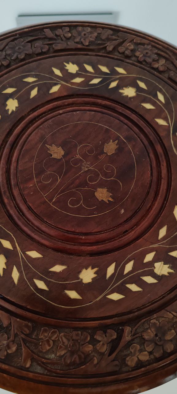 Hand-Carved Folding Wooden Table with Inlay – Indian Craftsmanship