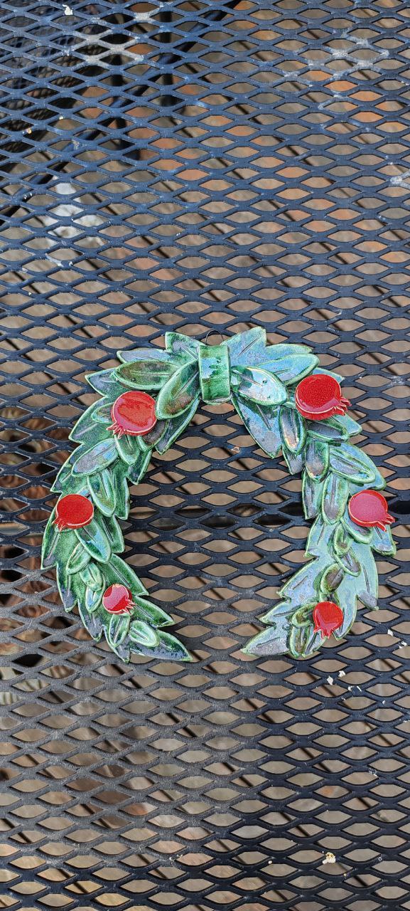 Handmade Ceramic Laurel Wreath Wall Decor with Red Pomegranates – 20cm