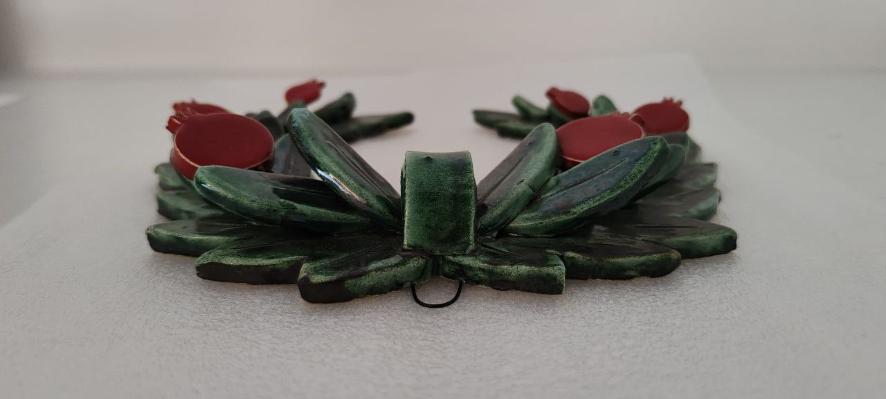 Handmade Ceramic Laurel Wreath Wall Decor with Red Pomegranates – 20cm