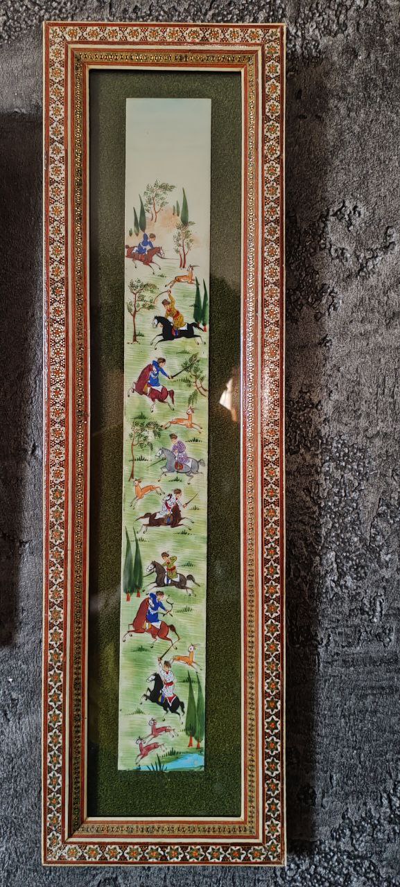 Hand-Painted Miniature Hunting Scene – Framed Persian Artwork