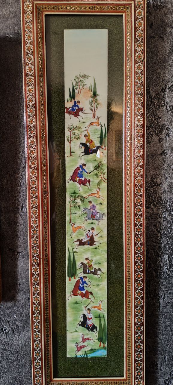 Hand-Painted Miniature Hunting Scene – Framed Persian Artwork