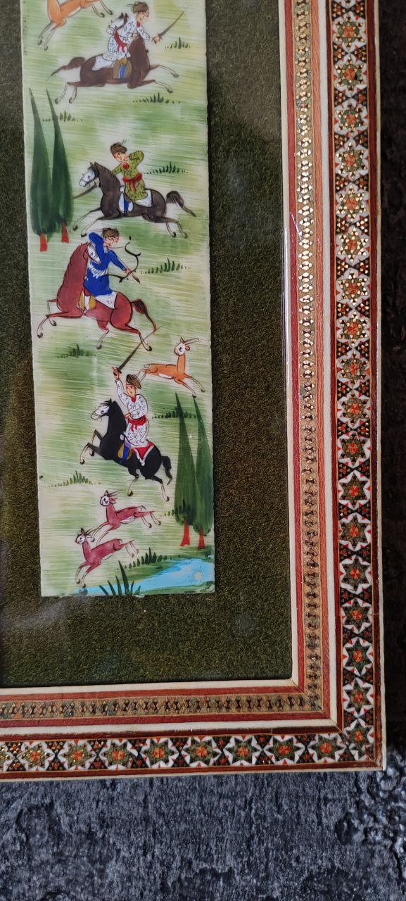 Hand-Painted Miniature Hunting Scene – Framed Persian Artwork