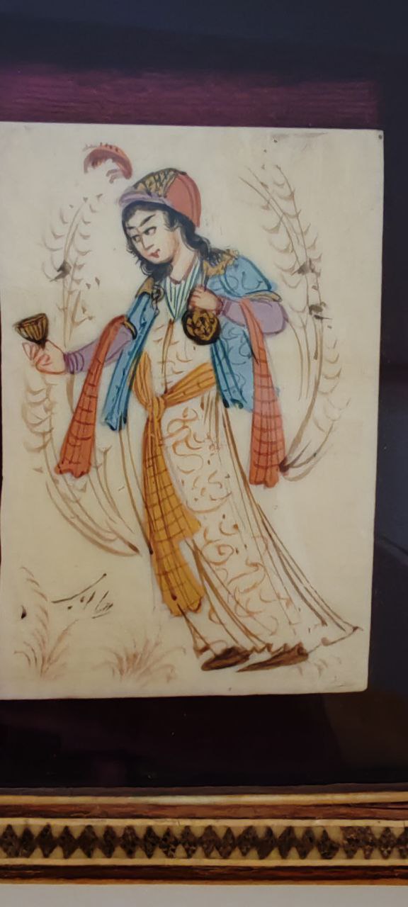 Vintage Persian Miniature of Woman Holding Wine Cup – Signed by H. Ali Sajjadi – Hand-Painted – Framed
