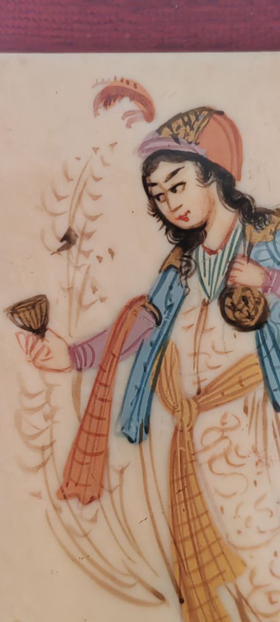 Vintage Persian Miniature of Woman Holding Wine Cup – Signed by H. Ali Sajjadi – Hand-Painted – Framed