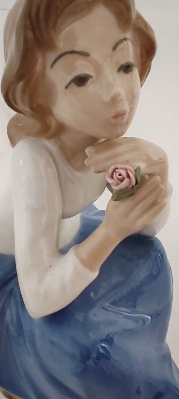 Vintage Tengra Porcelain Figurine – Girl with Rose – Hand-Painted – 20 cm