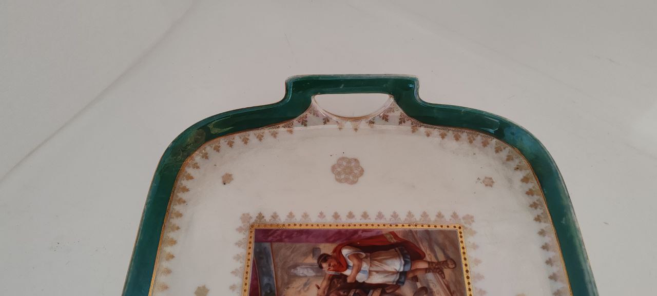 Vintage Karlsbad Porcelain Serving Tray with Classical Scene – Green & Gold Rim – 48 cm