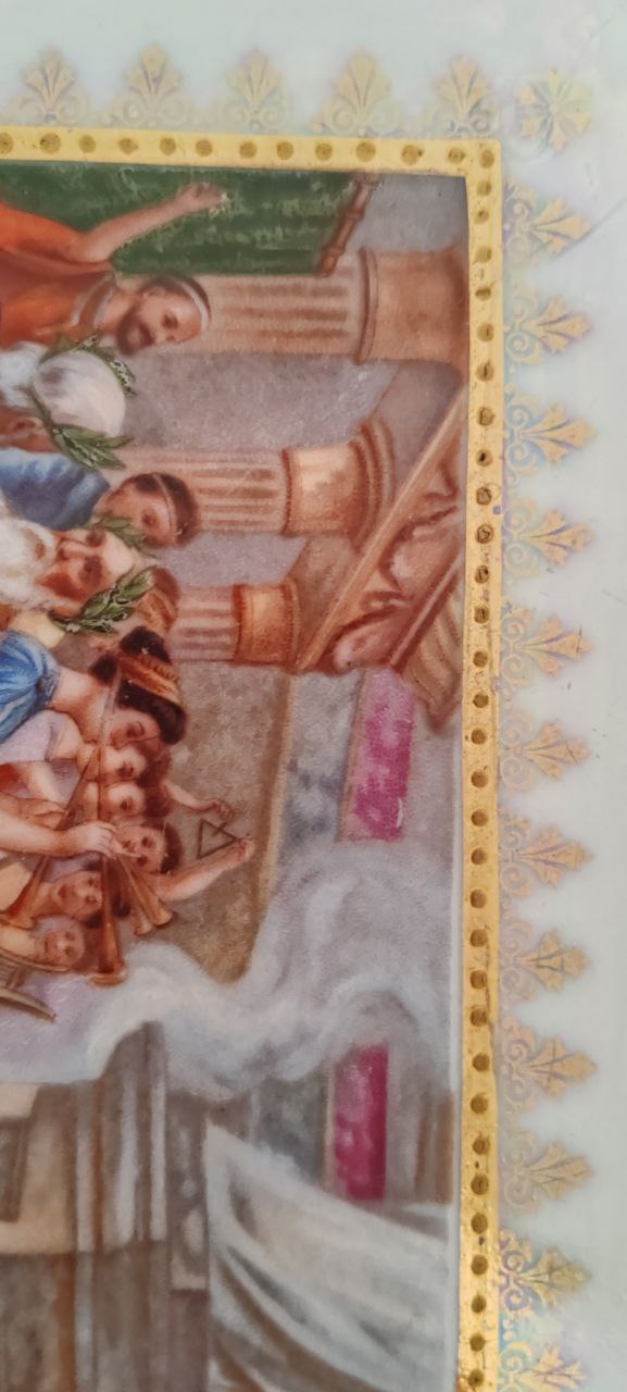 Vintage Karlsbad Porcelain Serving Tray with Classical Scene – Green & Gold Rim – 48 cm