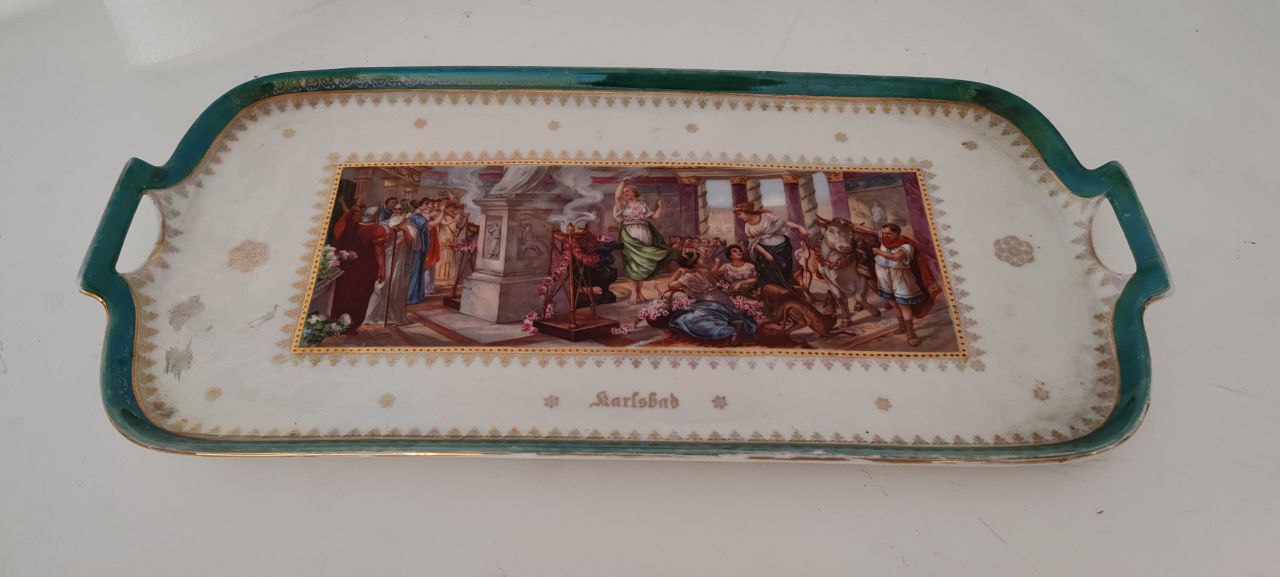 Vintage Karlsbad Porcelain Serving Tray with Classical Scene – Green & Gold Rim – 48 cm