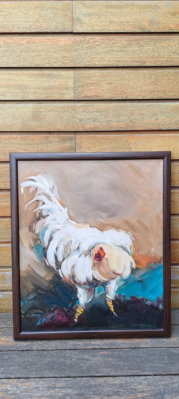 Original Oil Painting by Gülgün Türel – White Rooster – 41x49 cm
