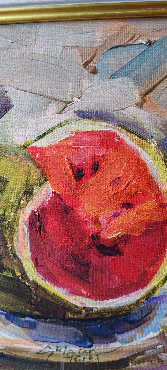 Original Oil Painting by Gülgün Türel – Watermelon Still Life – 24x26 cm