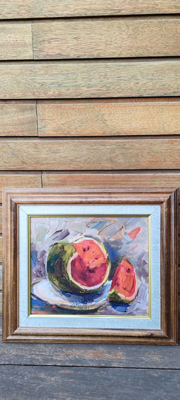 Original Oil Painting by Gülgün Türel – Watermelon Still Life – 24x26 cm