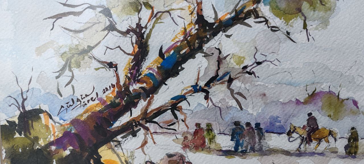 Original Watercolor by Gülgün Türel – Tree and Figures Landscape – 22x30 cm