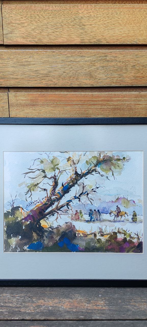 Original Watercolor by Gülgün Türel – Tree and Figures Landscape – 22x30 cm