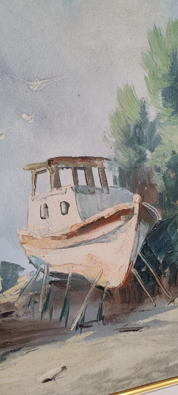 Vintage Oil Painting – Beached Fishing Boats – Signed, 38x48 cm