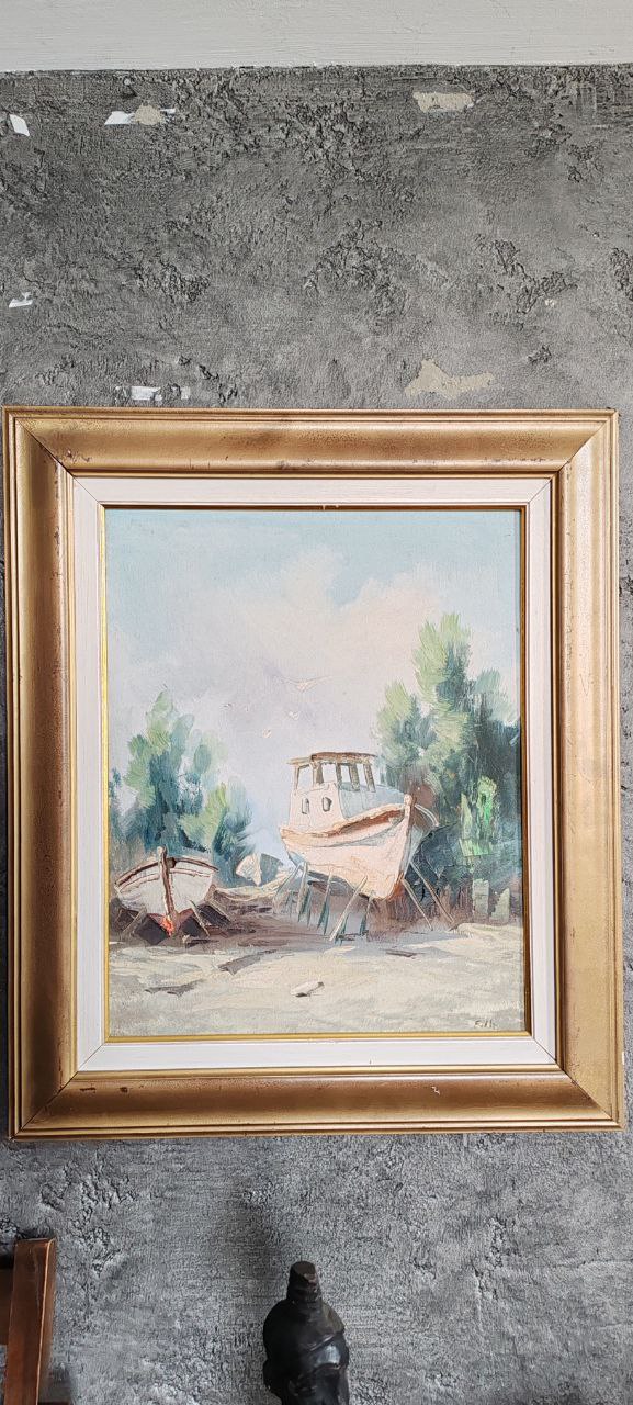 Vintage Oil Painting – Beached Fishing Boats – Signed, 38x48 cm