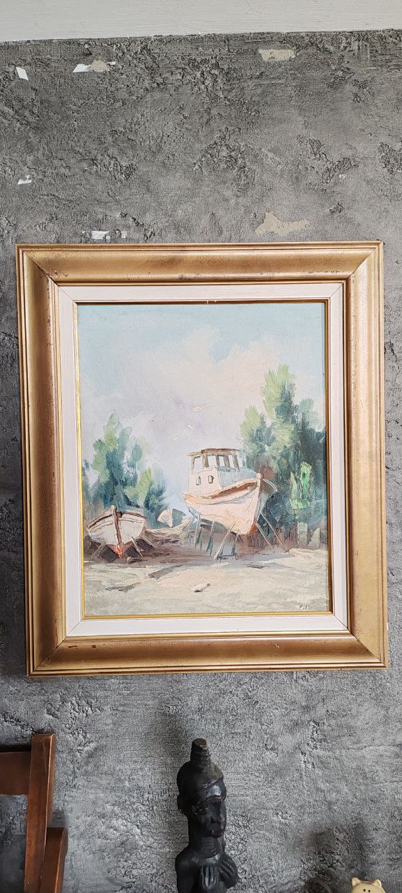Vintage Oil Painting – Beached Fishing Boats – Signed, 38x48 cm