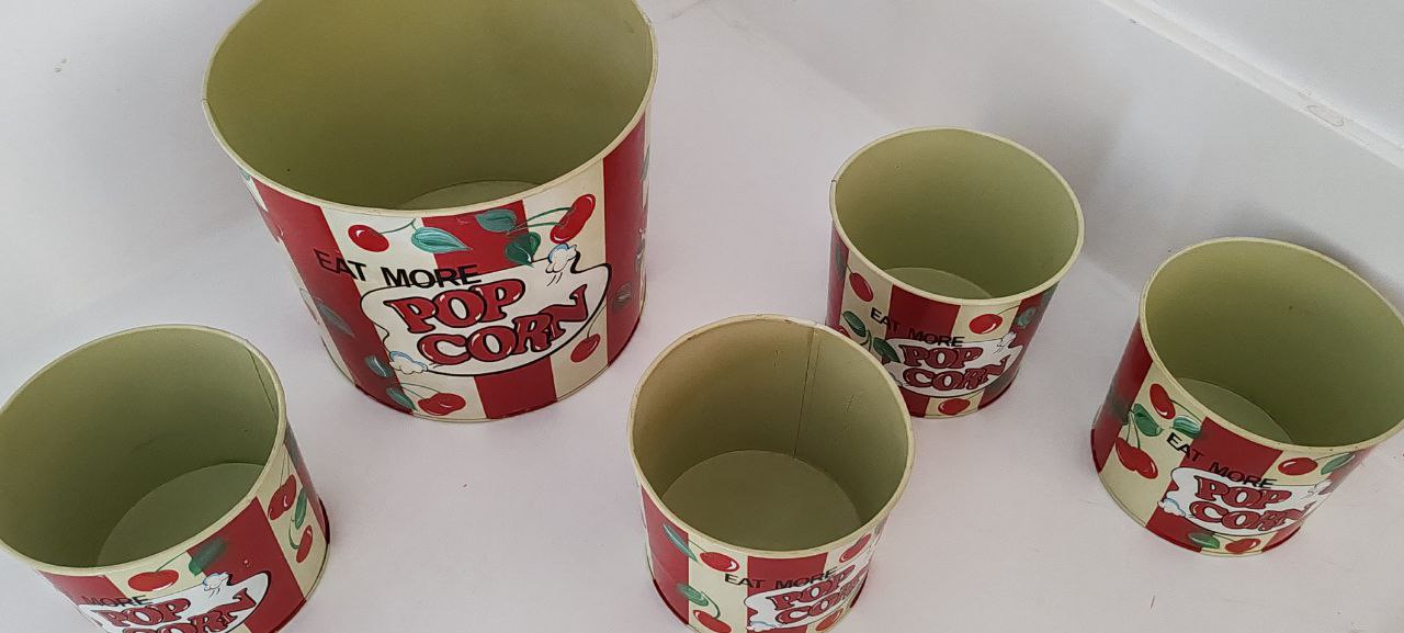 Vintage Popcorn Tin Canister Set – 'Eat More Popcorn' Retro Design (Set of 5)