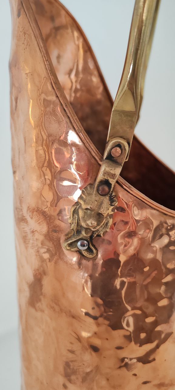 Tall Hammered Copper Coal Scuttle with Delft Porcelain Handles