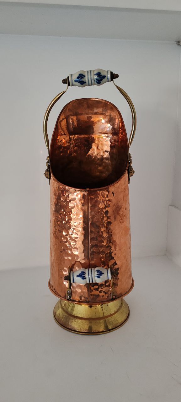 Tall Hammered Copper Coal Scuttle with Delft Porcelain Handles