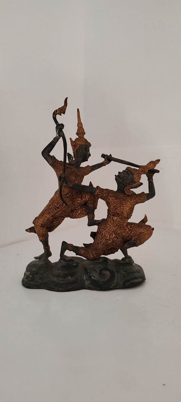 Rare Vintage Temple Warrior Figurine in Gilt Copper – Thai Khon Dancer – 23x18x13 cm
