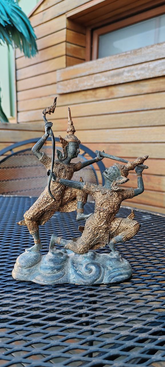 Rare Vintage Temple Warrior Figurine in Gilt Copper – Thai Khon Dancer – 23x18x13 cm