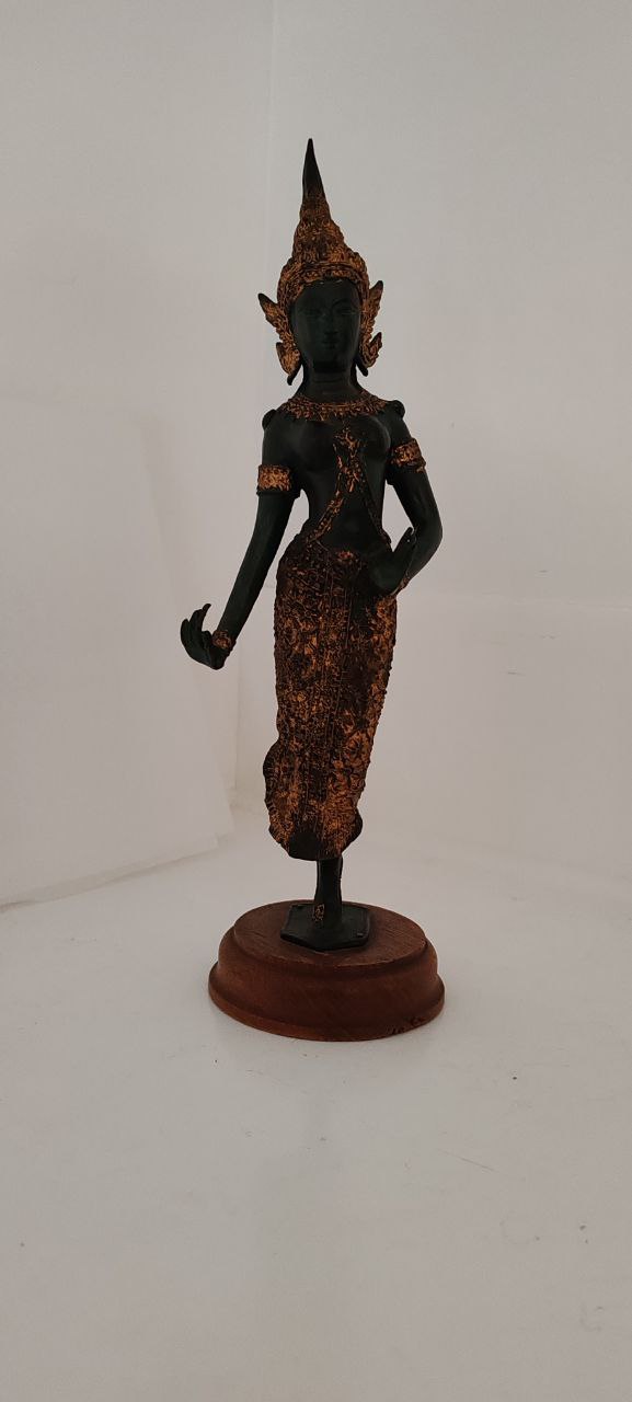 Vintage Thai Temple Guardian Figurine in Gilt Bronze on Wooden Base – 35x11 cm