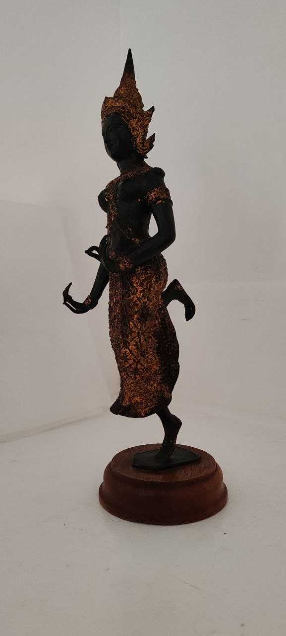 Vintage Thai Temple Guardian Figurine in Gilt Bronze on Wooden Base – 35x11 cm