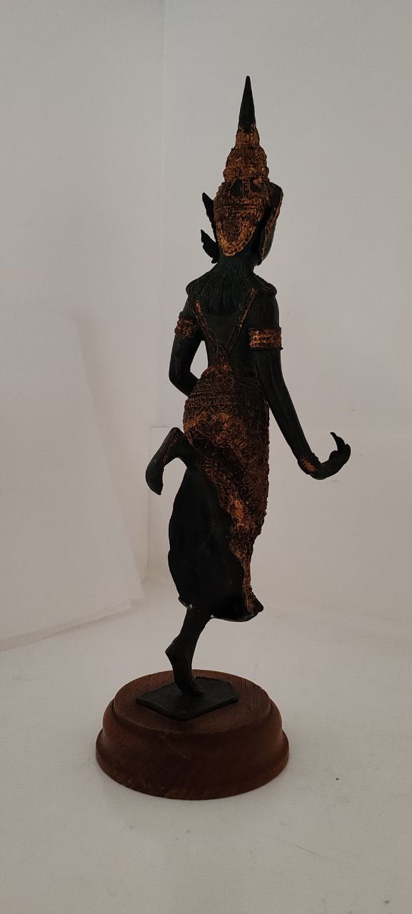 Vintage Thai Temple Guardian Figurine in Gilt Bronze on Wooden Base – 35x11 cm