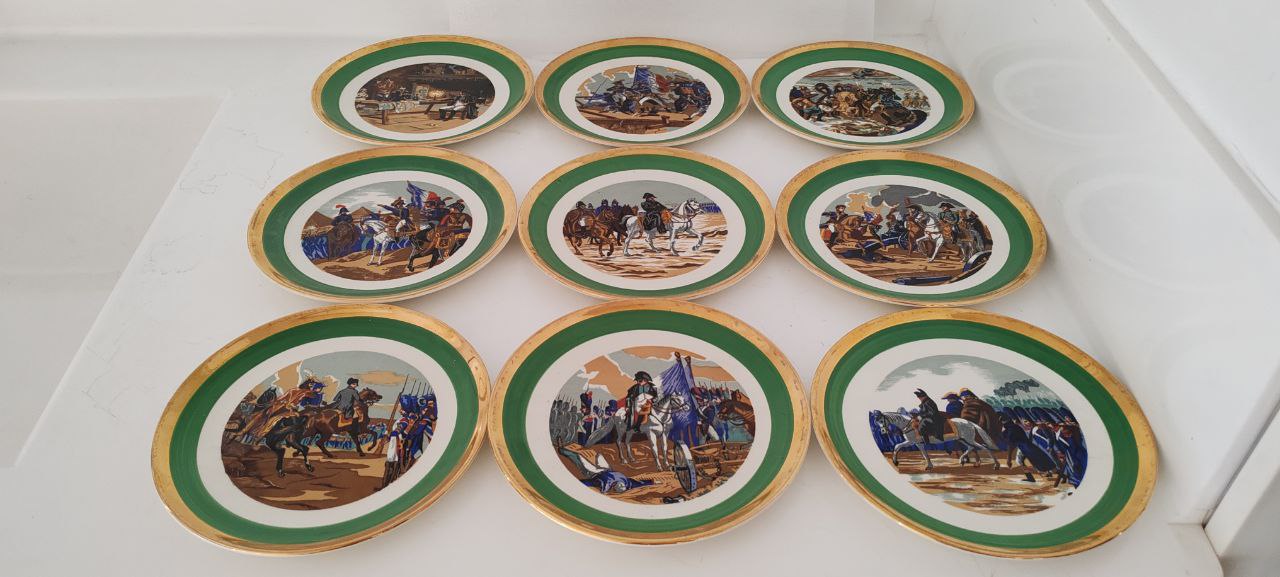 Set of 9 Collector Plates – Napoleon Military Victories – Gien France Porcelain – Gold Rim – 19 cm