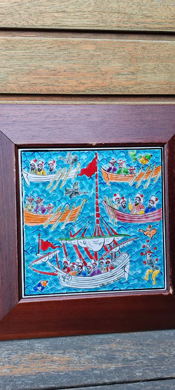 Signed Iznik Ceramic Panel by İbrahim Erdeğer – Ottoman Boat Scene
