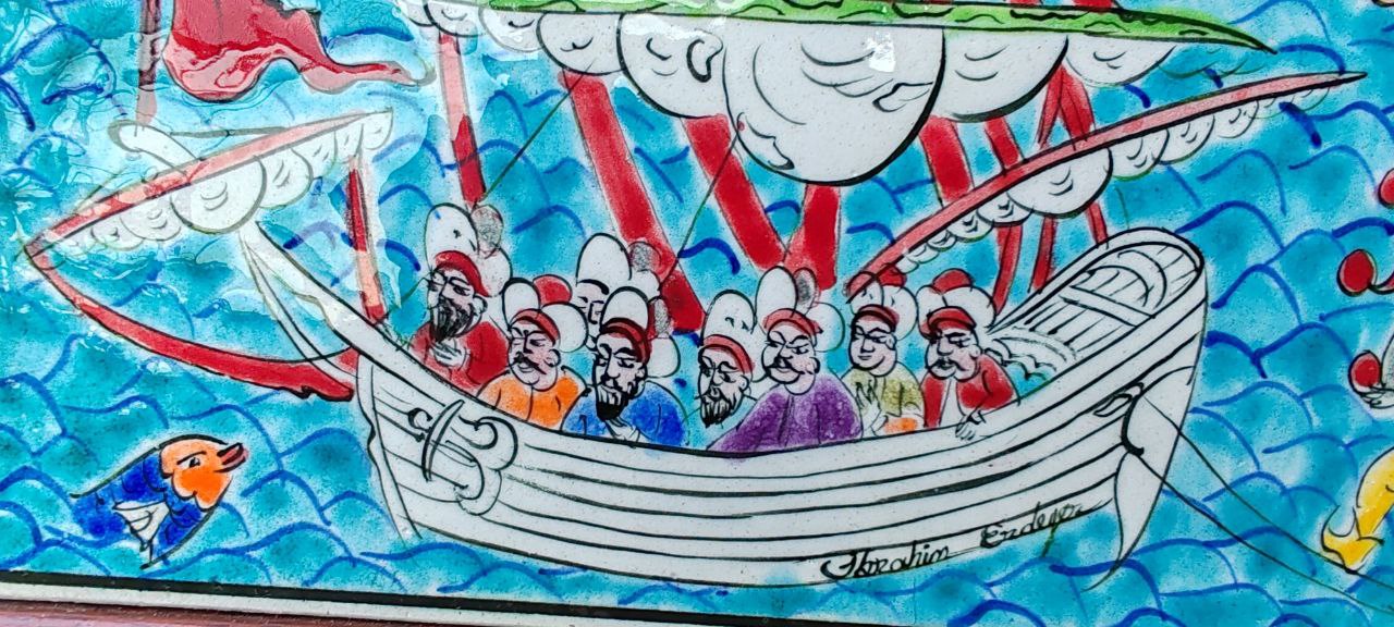 Signed Iznik Ceramic Panel by İbrahim Erdeğer – Ottoman Boat Scene