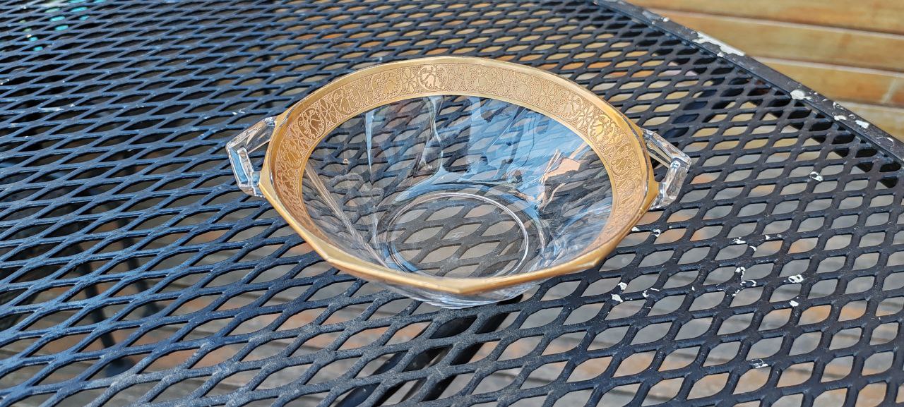 Vintage Czech Crystal Bowl with Gold Enamel Rim – Attributed to Moser – Faceted Handles – 1920s–30s