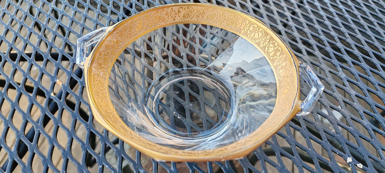 Vintage Czech Crystal Bowl with Gold Enamel Rim – Attributed to Moser – Faceted Handles – 1920s–30s