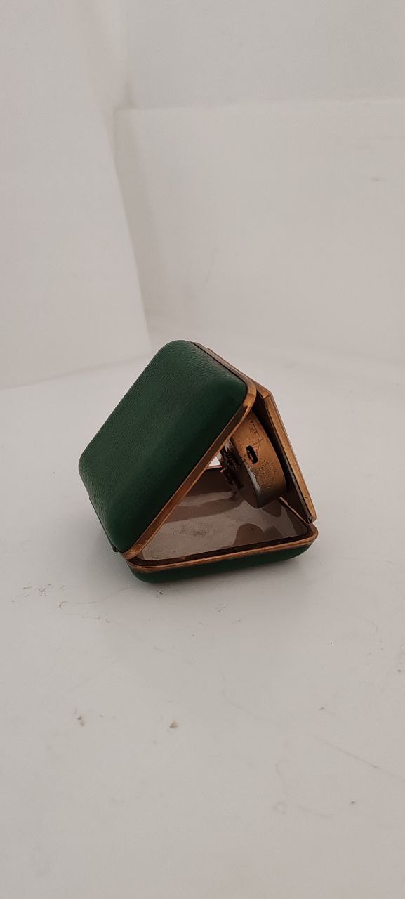 Vintage Foldable Travel Alarm Clock in Green Leather Case – Mechanical Wind-Up