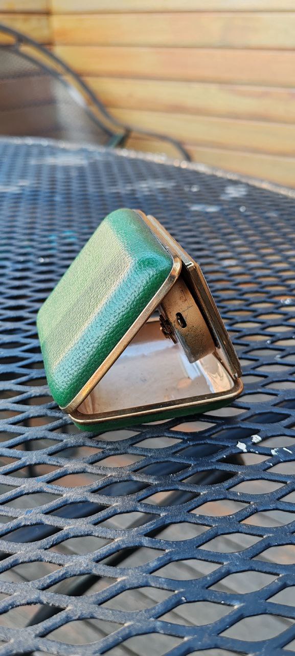 Vintage Foldable Travel Alarm Clock in Green Leather Case – Mechanical Wind-Up