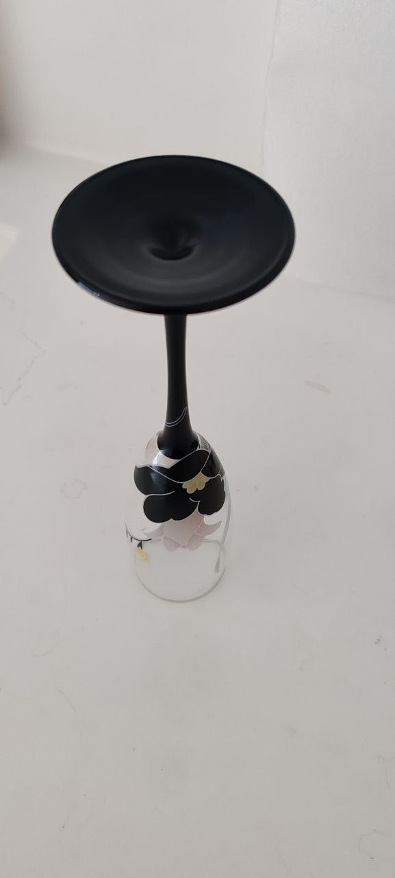 Set of 4 Hand-Painted French Champagne Flutes – 22x7 cm – Black Stem – Floral Art Nouveau Design