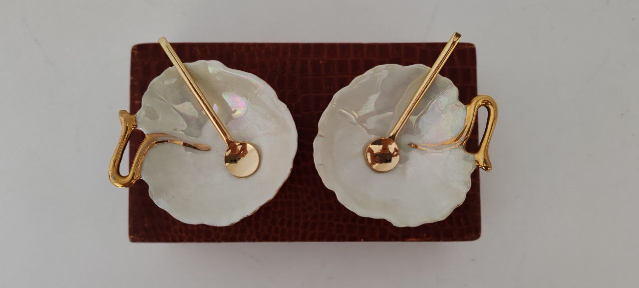 Vintage Limoges France Signed Porcelain & Mother of Pearl Dish Set – Gilded Miniature Server with Spoon – Original Box – 16x9x5 cm