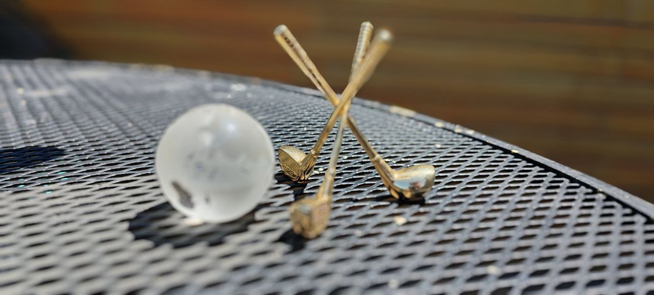 Crystal Globe on Brass Golf Club Stand – Vintage Desk Ornament