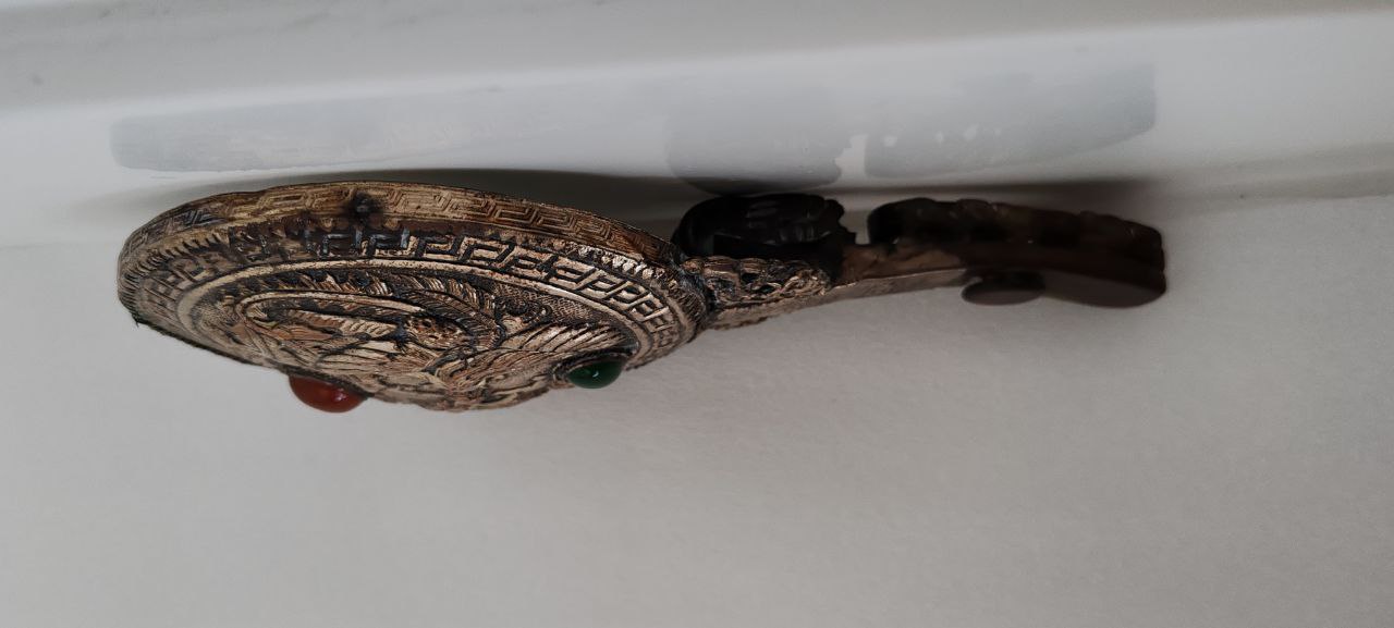 Vintage Asian Hand Mirror – Dragon Motif with Jade Handle, 22x11 cm