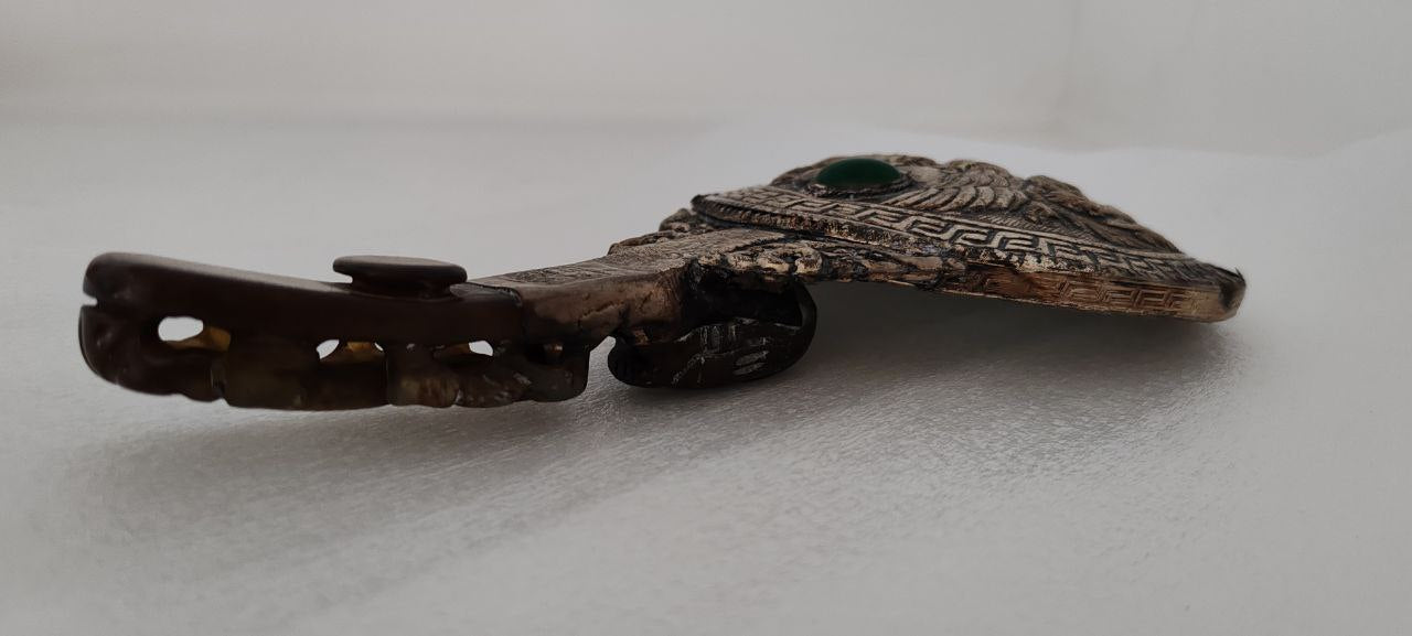 Vintage Asian Hand Mirror – Dragon Motif with Jade Handle, 22x11 cm