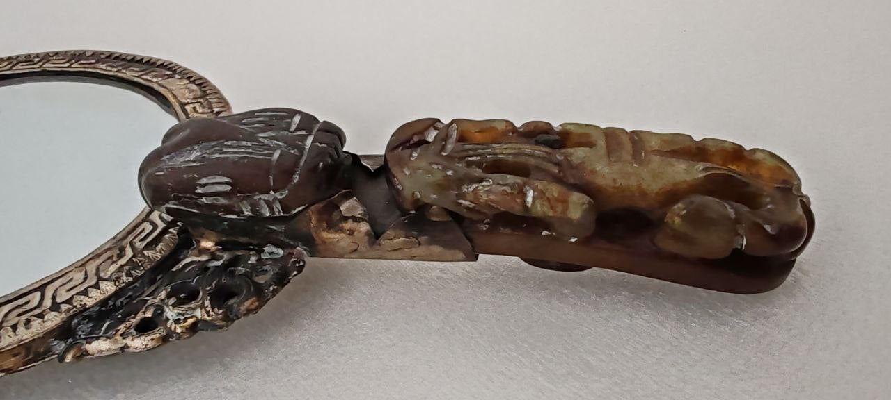 Vintage Asian Hand Mirror – Dragon Motif with Jade Handle, 22x11 cm