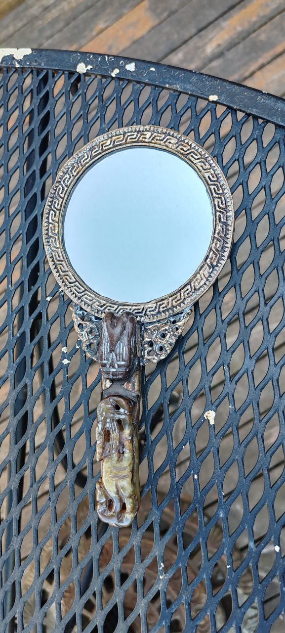 Vintage Asian Hand Mirror – Dragon Motif with Jade Handle, 22x11 cm