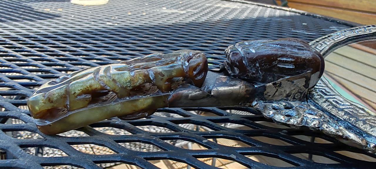 Vintage Asian Hand Mirror – Dragon Motif with Jade Handle, 22x11 cm