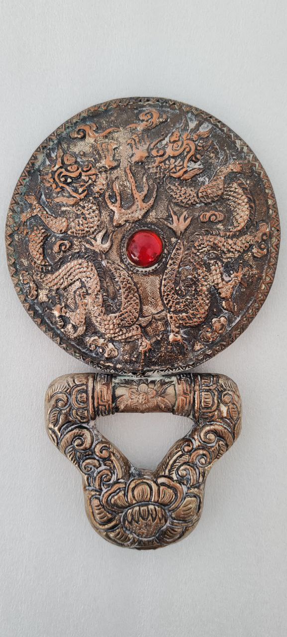 Vintage Oriental Style Bronze Vanity Mirror with Dragon Motif – 18x11 cm